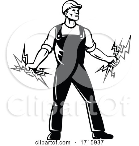 Electrician Lineworker Holding a Bunch of Lightning Bolt Standing Retro Black and White by patrimonio