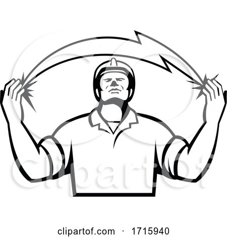 Electrician with Lightning Bolt Coming out of Hands Retro Black and White by patrimonio