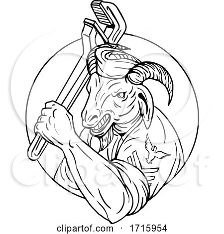 Navy Goat Holding Pipe Wrench Circle Black and White by patrimonio