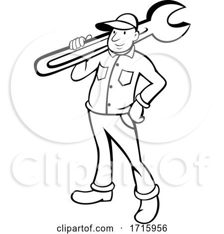 Retro Cartoon Plumber or Handy Man Holding a Monkey Wrench by patrimonio
