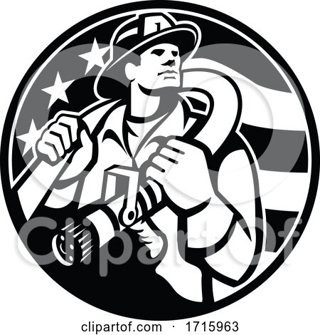 American Fireman Firefighter Carrying Fire Hose USA Flag Circle Retro by patrimonio