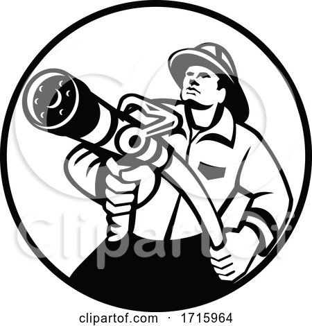 Fireman Firefighter Aiming Fire Hose Circle Black and White by patrimonio