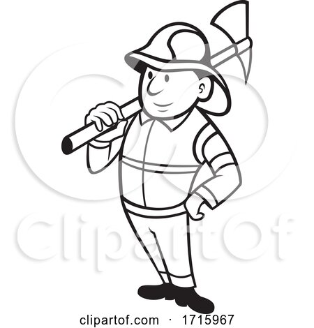 Fireman or Firefighter Holding a Fire Axe Cartoon Black and White by patrimonio