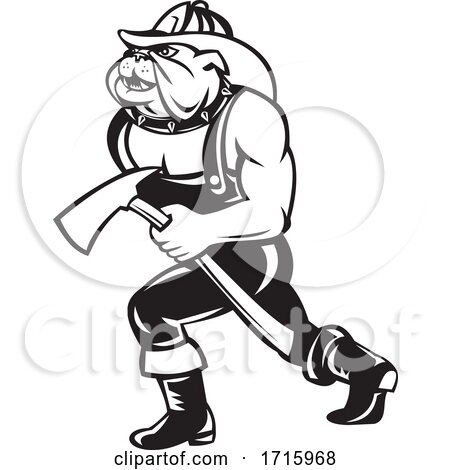 Bulldog Fireman Firefighter Walking with Fire Axe Cartoon by patrimonio