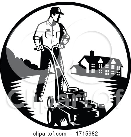 Gardener Mowing with Lawn Mower Woodcut Retro Black and White by patrimonio