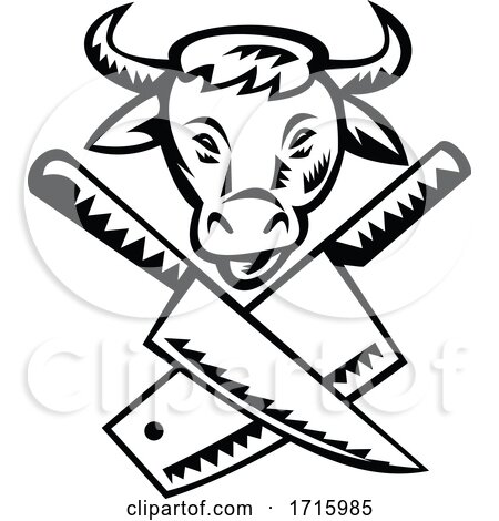 Crossed Butcher Knife with Cow Head Front View Black and White by patrimonio