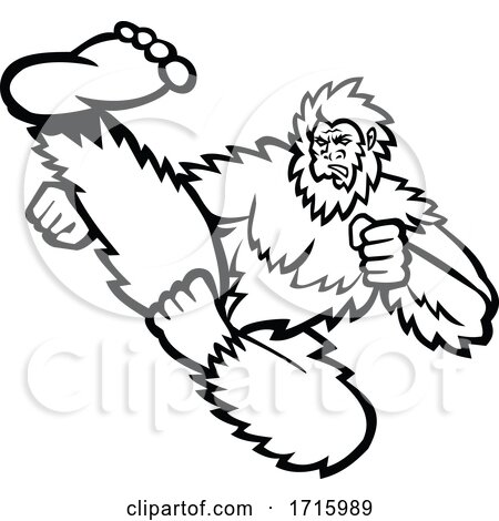 Taekwondo Bigfoot Flying Kick Mascot Black and White by patrimonio