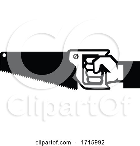 Carpenter Hand Holding Crosscut Saw Side View Icon Black and White by patrimonio