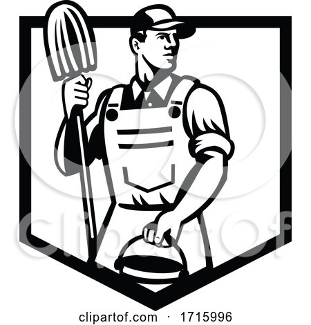 Janitor Cleaner Holding Mop and Bucket Shield Retro Black and White by patrimonio