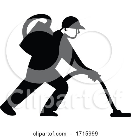 Industrial Cleaner Janitor Vacuuming Floor Side View Retro Black and White by patrimonio