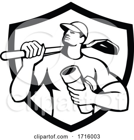 Drainlayer Holding Pipe Shovel Shield Retro Black and White by patrimonio