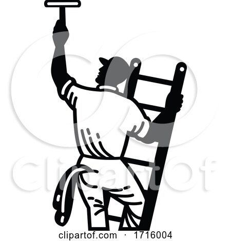 Window Cleaner on Ladder Cleaning Window Retro Black and White by patrimonio