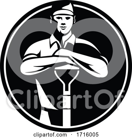 Gardener Landscaper Leaning on Shovel Front View Retro Circle Black and White by patrimonio