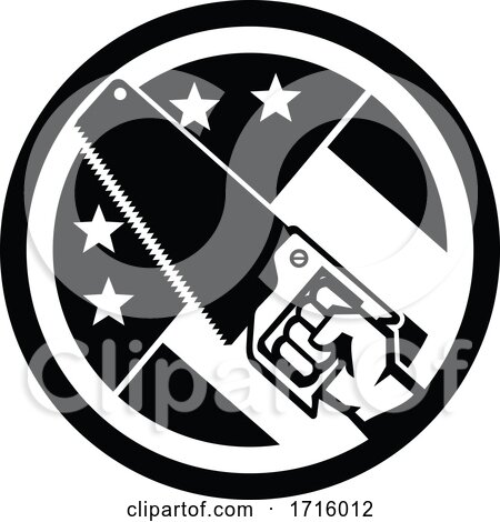 Carpenter Hand Holding Crosscut Saw USA Flag Side Circle Icon Black and White by patrimonio