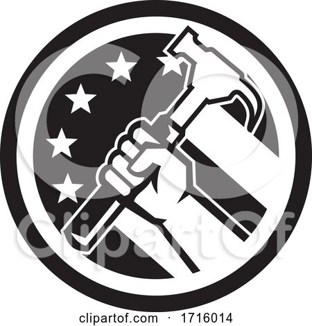 Carpenter Hand Holding Hammer USA Flag Circle Retro Icon Black and White by patrimonio