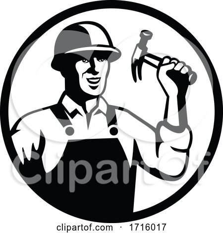 Carpenter Construction Worker Holding Hammer Circle Black and White by patrimonio