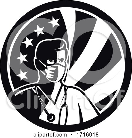 Male Nurse Wearing Surgical Mask USA Flag Mascot Black and White by patrimonio