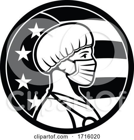 American Nurse Wearing Mask Side USA Flag Mascot Black and White by patrimonio