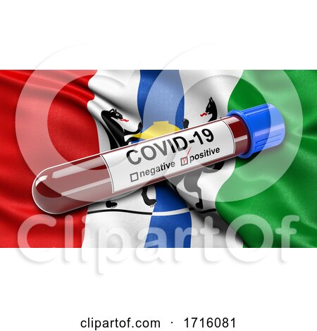 Flag of Novosibirsk Oblast Waving in the Wind with a Positive Covid 19 Blood Test Tube by stockillustrations