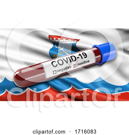 Flag of Leningrad Oblast Waving in the Wind with a Positive Covid 19 Blood Test Tube by stockillustrations
