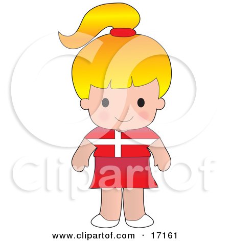 Cute Blond Danish Girl Wearing A Flag Of Denmark Shirt Clipart Illustration by Maria Bell