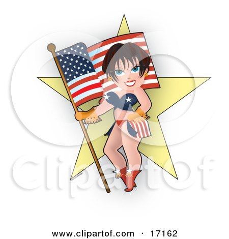 Sexy Caucasian Pinup Woman In An American Bikini, Standing In Front Of A Star And Holding An American Flag Clipart Illustration by Maria Bell