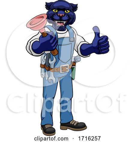 Panther Plumber Cartoon Mascot Holding Plunger by AtStockIllustration