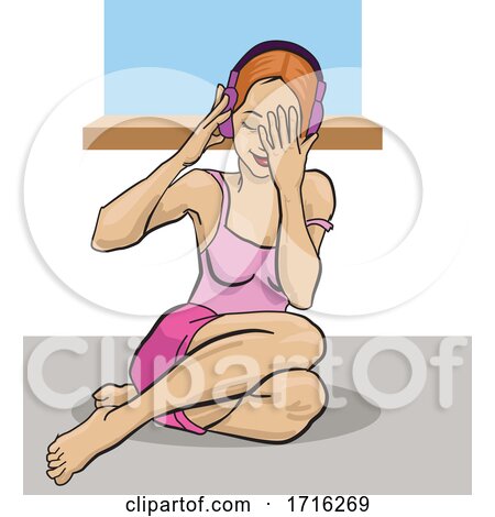 Woman Sitting on the Floor and Wearing Music Headphones by David Rey