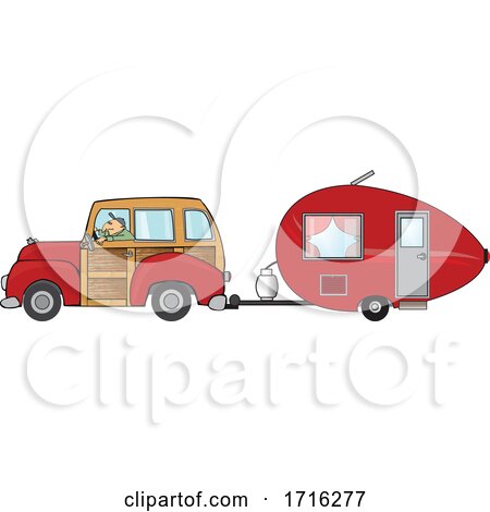 Cartoon Man Driving a Red Woody Car and Pulling a Teardrop Trailer by djart