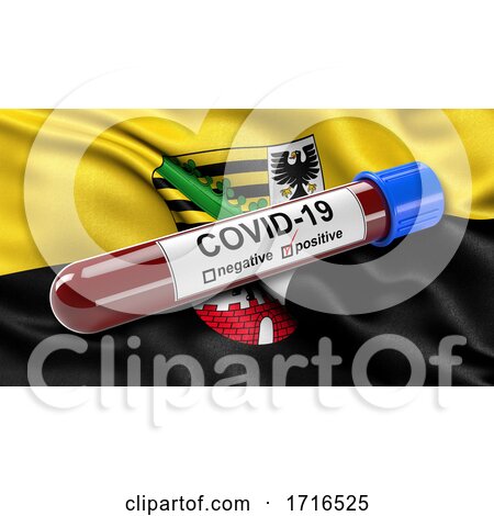 Flag of Saxony Anhalt Waving in the Wind with a Positive Covid 19 Blood Test Tube by stockillustrations