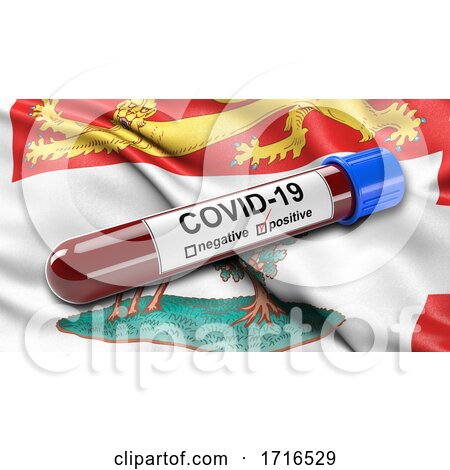 Flag of Prince Edward Island Waving in the Wind with a Positive Covid 19 Blood Test Tube by stockillustrations