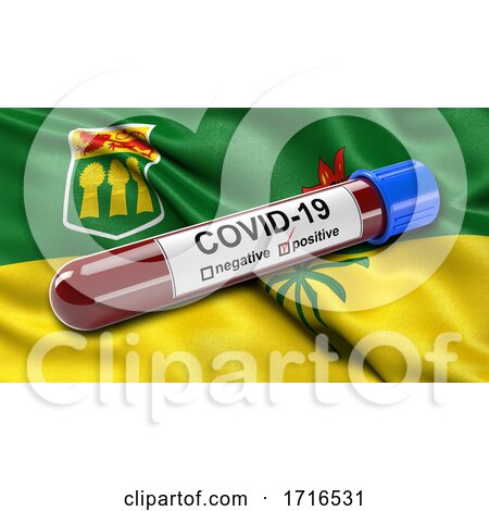 Flag of Saskatchewan Waving in the Wind with a Positive Covid 19 Blood Test Tube by stockillustrations