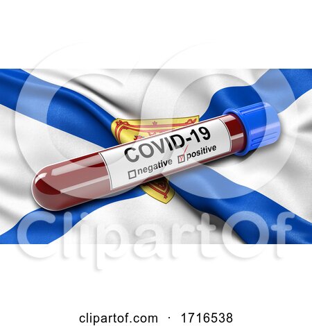 Flag of Nova Scotia Waving in the Wind with a Positive Covid 19 Blood Test Tube by stockillustrations