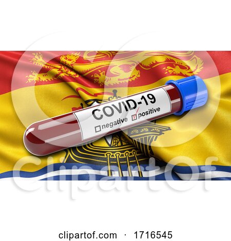 Flag of New Brunswick Waving in the Wind with a Positive Covid 19 Blood Test Tube by stockillustrations