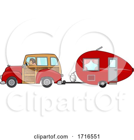 Cartoon Woman Driving a Red Woody Car and Pulling a Teardrop Trailer by djart