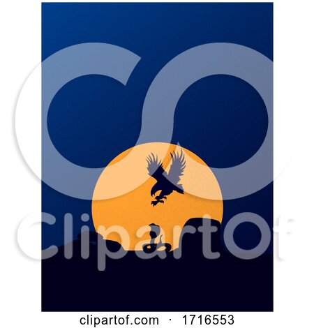 Hunting Eagle and Snake Silhouette on Blue Background with Sun by elaineitalia