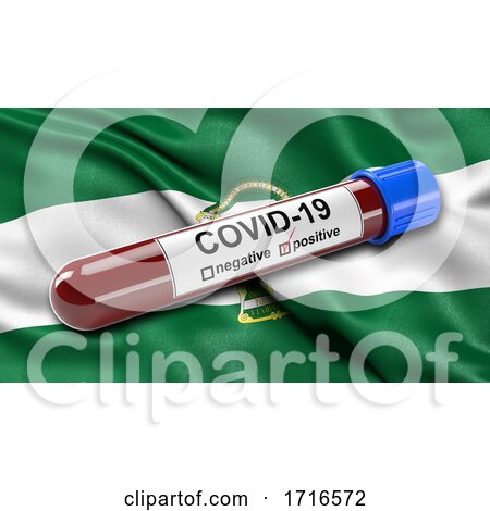 Flag of Andalusia Waving in the Wind with a Positive Covid 19 Blood Test Tube by stockillustrations