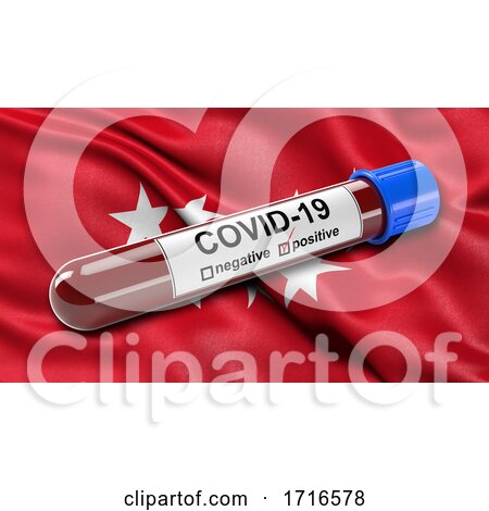 Flag of the Community of Madrid Waving in the Wind with a Positive Covid 19 Blood Test Tube by stockillustrations