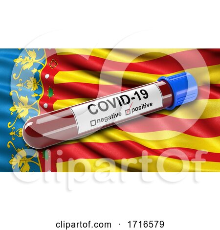 Flag of the Valencian Community Waving in the Wind with a Positive Covid 19 Blood Test Tube by stockillustrations