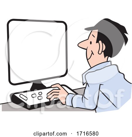 Cartoon Happy Man Working at a Computer by Johnny Sajem