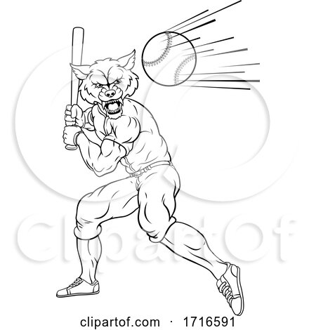 Wolf Baseball Player Mascot Swinging Bat at Ball by AtStockIllustration