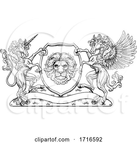 Crest Pegasus Unicorn Coat of Arms Lion Shield by AtStockIllustration