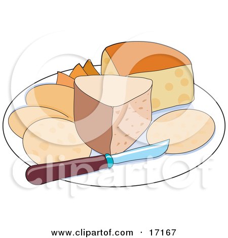 Sampler Tray of Cheeses With a Knife Clipart Illustration by Maria Bell