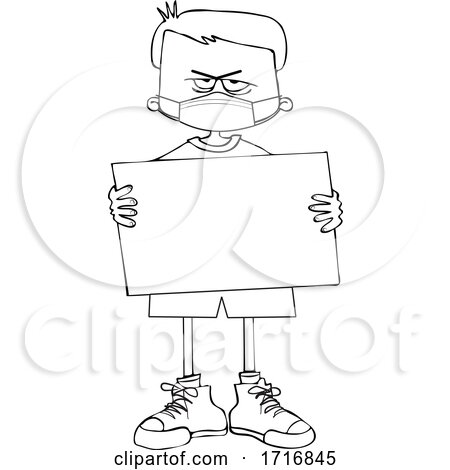 Cartoon Black and White Angry Boy Wearing a Sign and Holding a Mask by djart