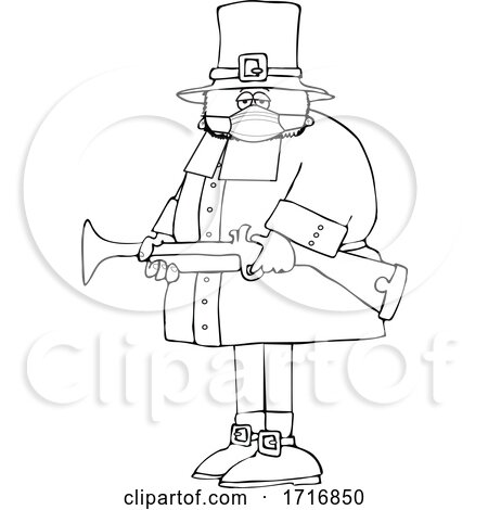 Cartoon Black and White Pilgrim Wearing a Mask and Holding a Blunderbuss Rifle by djart