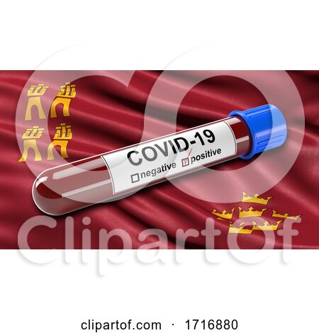 Flag of the Region of Murcia Waving in the Wind with a Positive Covid 19 Blood Test Tube by stockillustrations
