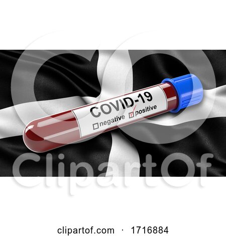 Flag of Cornwall Waving in the Wind with a Positive Covid 19 Blood Test Tube by stockillustrations