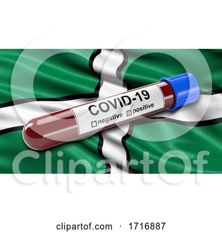 Flag of Devon Waving in the Wind with a Positive Covid 19 Blood Test Tube by stockillustrations
