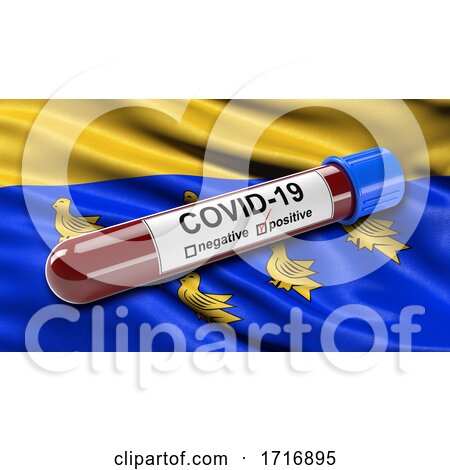 Flag of West Sussex Waving in the Wind with a Positive Covid 19 Blood Test Tube by stockillustrations