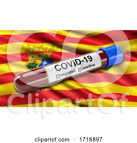 Flag of Aragon Waving in the Wind with a Positive Covid 19 Blood Test Tube by stockillustrations